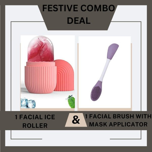 Combo Deal | Ice Roller Facial Massage | Silicone Cleansing Ice Lattice + Silicone Face Mask Brush Applicator (random Color)