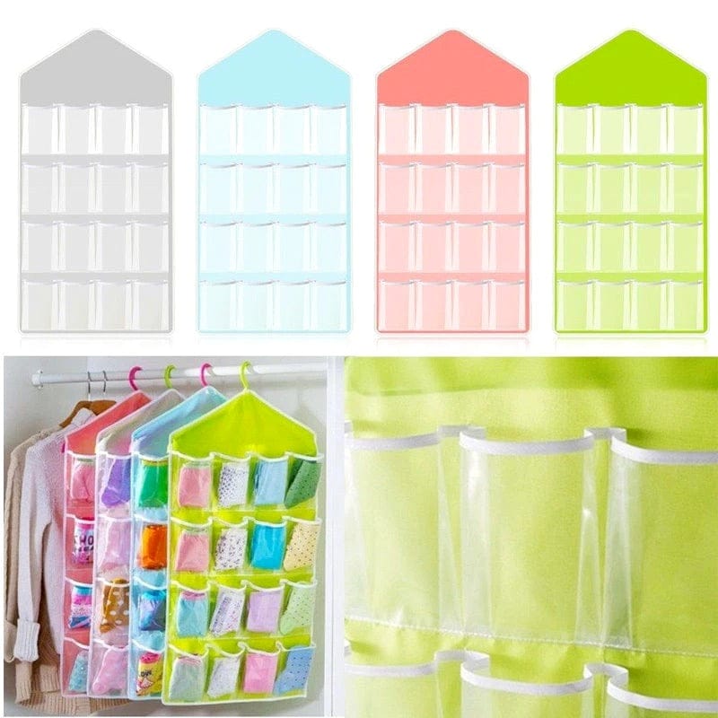 16-Pocket Multifunctional Hanging Organizer – Clear Door/Wall Storage Bag for Baby Clothes, Socks & Accessories